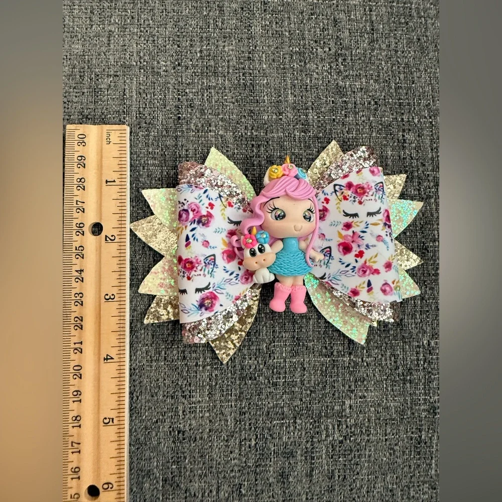 Floral Glitter Hair Bow with Doll Accent